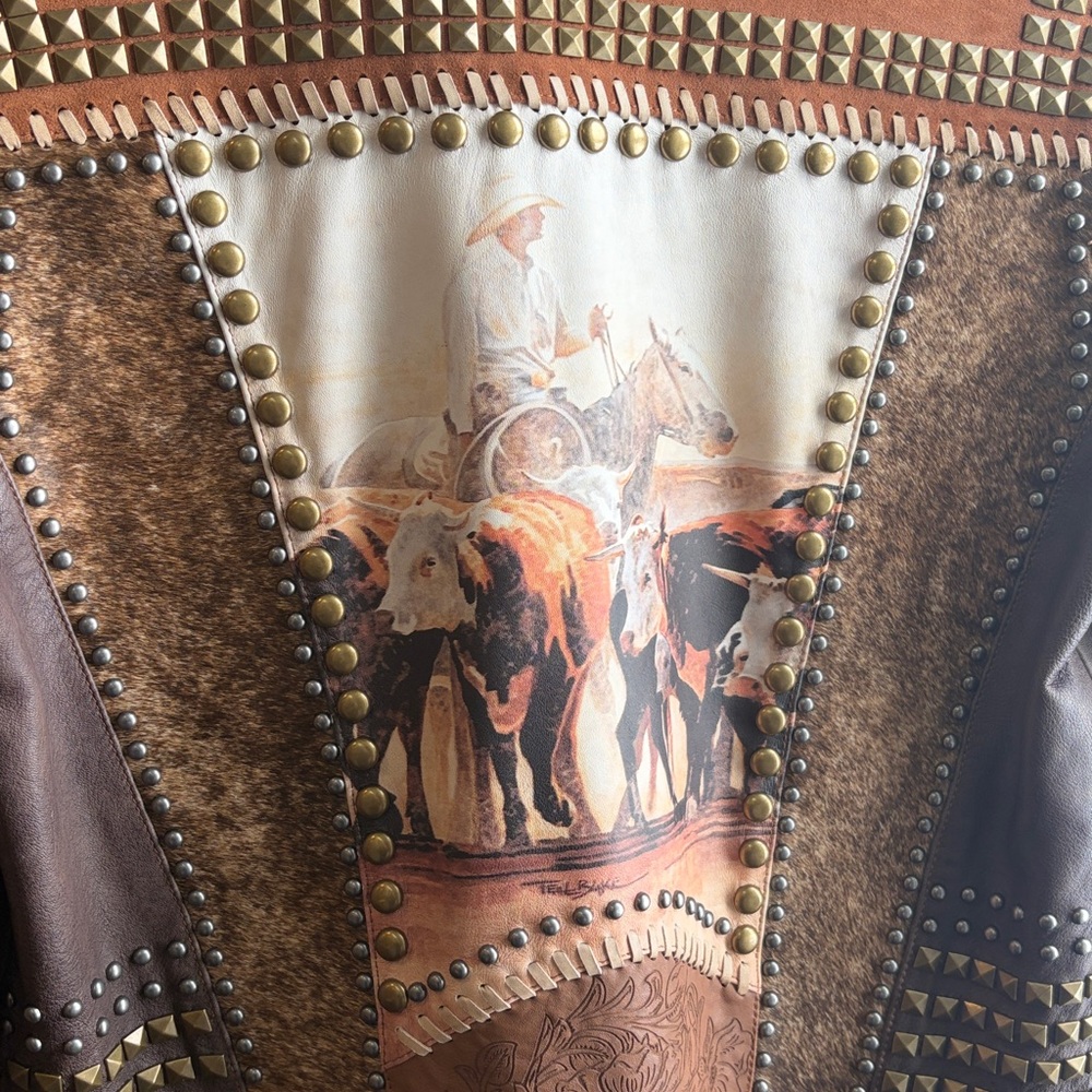 Double D Ranch Studded Leather Jacket in Gray and Tan - Picture 4 of 7